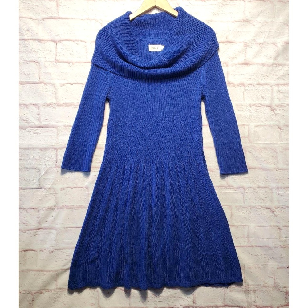 Eliza J Sweater Dress Women XL Blue Cowl Neck Ribbed‎ Fit Flare Knit Modest Cozy